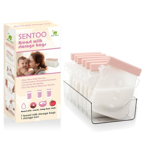 Sentoo 7 Pcs Breastmilk Storage Bags with a Fridge Organizer Bin, Reusable Breastfeeding Essentials, 11oz/320ml Double Leak-Proof Breastmilk Freezer Bags for Breastfeeding, Postpartum Essentials