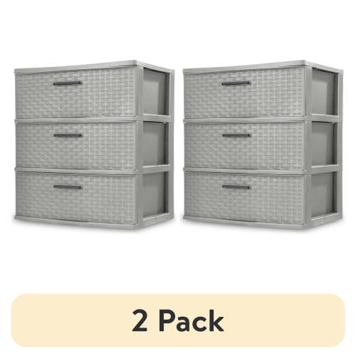 (2 pack) Sterilite Storage Drawer, 3 Drawer Plastic Weave Wide Tower with Pull Handles, Gray