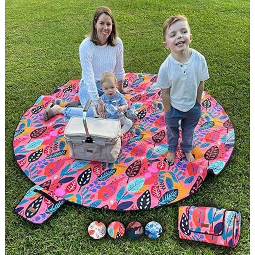 Padded Picnic Blanket Waterproof - 79" Round Extra Large Round Outdoor Blanket for Grass - Foldable Picnic Mat for Family, Baby, Beach, Park, Camping - Padded & Portable Outside Rug