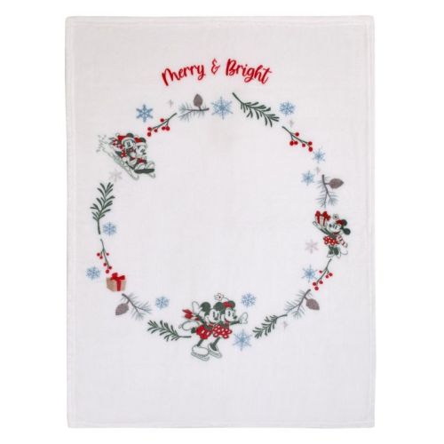 NoJo Disney Mickey and Minnie Mouse White, Red, and Green Christmas Holiday Wreath "Merry and Bright" Photo Op Super Soft Baby Blanket