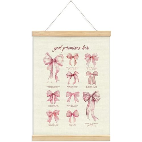 foedor Trendy Coquette Christian Scripture Wall Art Poster Hanger Frame,Pink Bow Christian Bible Verses Wall Art for Girls Bedroom Dorm Living Room Decoration,Christian Gifts,12x16