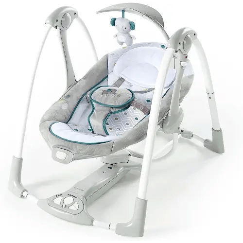 Ingenuity ConvertMe 2-in-1 Compact Portable Automatic Baby Swing & Infant Seat, Battery-Powered Vibrations, Nature Sounds, 0-9 Months 6-20 lbs (Nash)