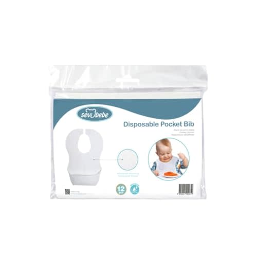 Sevi Bebe Convenient Disposable Pocket Bibs (Pack of 12) - Perfect for BLW, Restaurants, Traveling, Vacation and On-The-Go Feeding, Mess-Free Mealtimes, Travel-Friendly, Waterproof