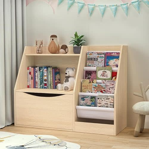 TOETOL 2 Tier Kids Bookshelf and Book Storage,4 Sling Toddler Bookshelf, Storage Boxes Book Shelf & Organizer for Nursery Playroom Classroom Library Bedroom Natural Wood