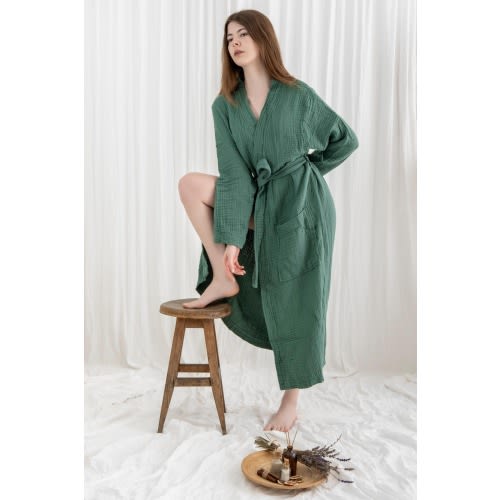 4 Layers Muslin Robe from Organic Cotton, Adult Unisex Dressing Gown, Soft Muslin Kimono with Pocket, Cotton Housecoat