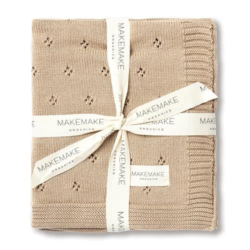 MakeMake Organics Organic Cotton Baby Blanket GOTS Certified - Breathable Pointelle Knit Unisex Newborn Stroller Blanket (30x40, Sand)