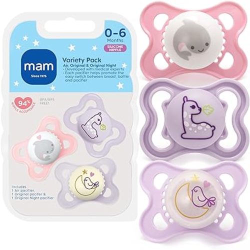 MAM Variety Pack Baby Pacifier, Includes 3 Types of Pacifiers, Nipple Shape Helps Promote Healthy Oral Development, 3 Pack, 0-6 Months, Girl