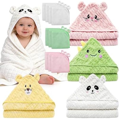 14 PCS Baby Bath Towels Set for Girls, 4 PCS Animal Hooded Towels & 10 PCS Washcloths, Ultra Soft & Absorbent Newborn Infant Toddler Towels in Pink Green Yellow White