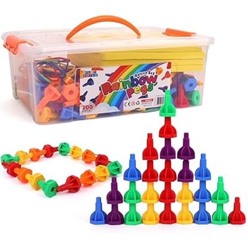 Rainbow Pegs and Board Deluxe 200pc Set, Montessori Baby Toys, Stacking and Lacing Pegs, Baby and Toddler Toys, Play and Learn STEM Toy, Fine Motor Skills, Ages 3+