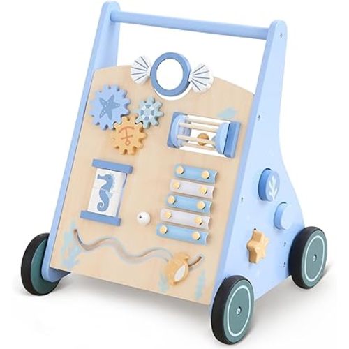 Beright Wooden Baby Walker Push and Pull Learning Activity Walker with Wheels Montessori Walker Toy Multiple Activities Center Develops Motor Skills & Stimulates Creativity (Blue)