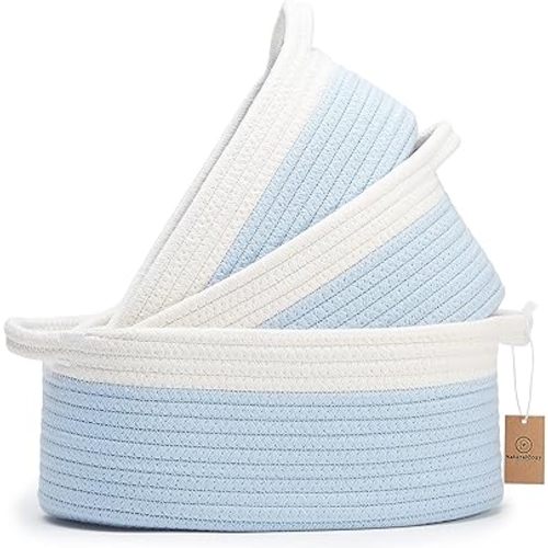 NaturalCozy 3-Piece Oval Storage Basket Set– Soft Natural Rope Woven Baskets for Storage Shelf, Toy, Nursery, Gift, Baby Shower, Pets Cat Dog Bins | Small Basket for Organizing (Off White & Blue)