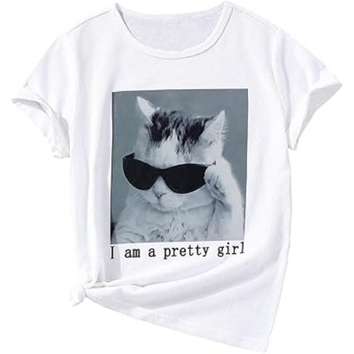 SOLY HUX Girl's Cute Cat Graphic Tees Letter Print Short Sleeve T Shirts Preppy Clothes Summer Tops
