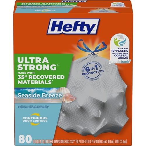 Hefty® Ultra Strong Tall Kitchen Trash Bags, 35% Recovered Materials, Seaside Breeze, 13 Gallon (Pack of 1, 80 Count Total)