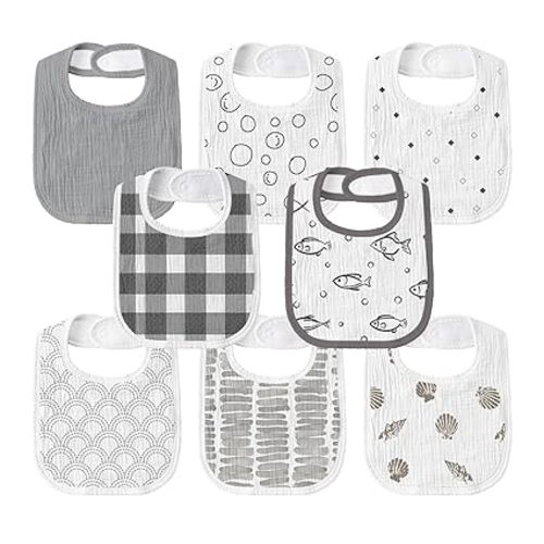 Baby Muslin Bibs 8 Pack, Drooling and Teething Bibs for Baby Boy, Absorbent, Soft Organic Cotton, Adjustable Bandana Bib for Newborn, Toddler, Infant 0-36 Months, Blue