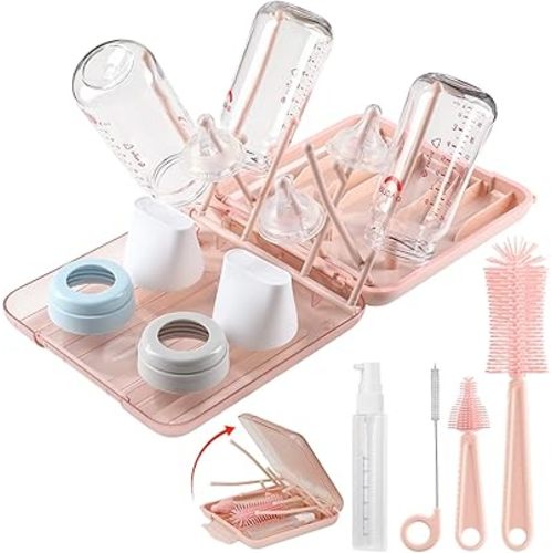 6 in 1 Baby Bottle Cleaner Set with Drying Rack,Silicone Baby Bottle Brush,Straw Brush,Nipple Brush,Soap Dispenser and Storage Box, Portable Baby Essentials for Home&Travel(Pink)