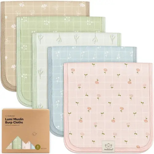 5-Pack Cotton Muslin Burp Cloths Baby Girls, Boys - Soft & Absorbent Spit Up Burp Rags, Large Muslin Towel, Cotton Wash Cloths for Babies, Newborn, Infant, No Shrink, Durable, Neutral (Wild Bloom)