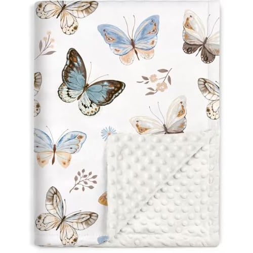 BORITAR Baby Blanket Super Soft Double Layer Minky with Dotted Backing for Girls, Receiving Blanket with Multicolor Butterfly Printed 30 x 40 Inch(75x100cm)