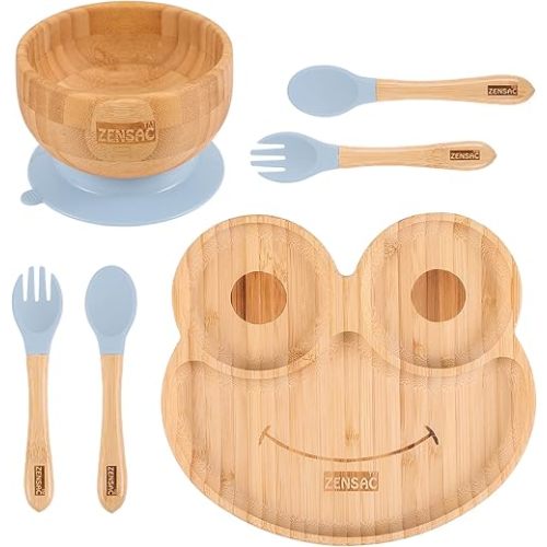 6PCS Bamboo Baby Feeding Set, Baby Suction Bowl & Plate with Silicone Spoons & Forks, Wooden Feeding Supplies for Infant & Toddlers, Baby Led Weaning Supplies Non Slip & BPA Free (Blue-Frog)