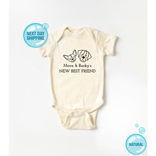 Personalized Dog Sibling Baby Onesie®, New Best Friend Gift with Custom Pet Names