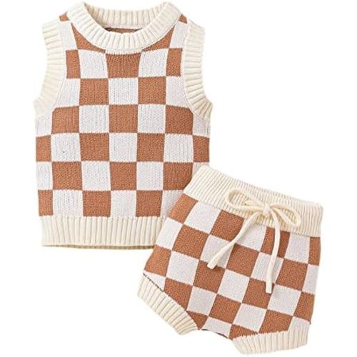 Toddler Baby Girls Knit Summer Outfits Checkerboard Plaids Sweater Vest +Drawstring Bloomer Shorts 2Pcs Clothes Set