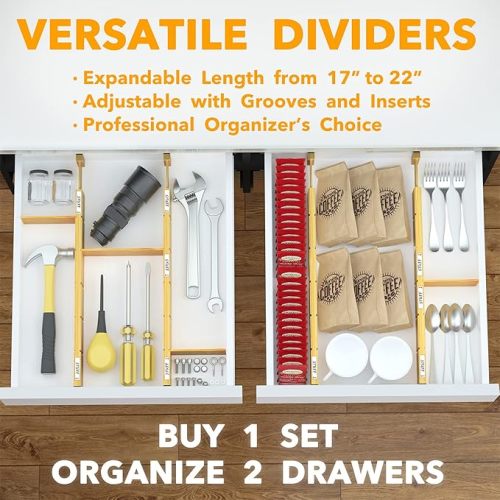 SpaceAid Bamboo Drawer Dividers with Inserts and Labels, Kitchen Adjustable Drawer Organizers, Expandable Organization for Home, Office, Dressers, 4 Dividers with 9 Inserts (17-22 in) - NATURAL