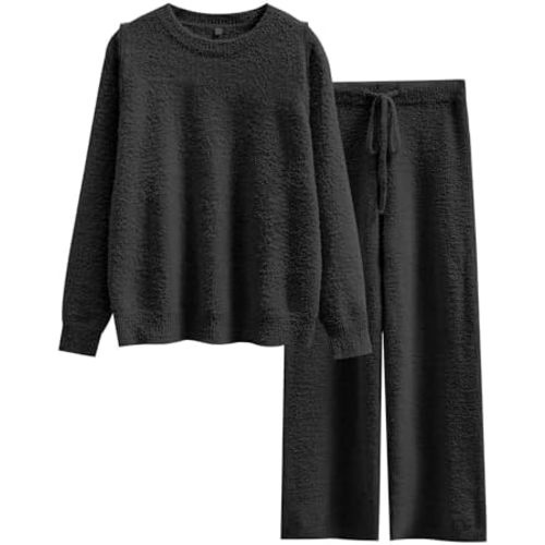 ANRABESS Women's Fuzzy Fleece Pajama Sets 2 Piece Outfits Long Sleeve Top Wide Leg Pants Lounge Matching Set 2025 Fall Winter