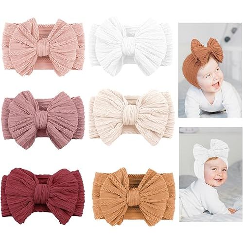 6pcs Baby Girl Bows Stretchy Soft Nylon Headbands Elastic Hair Bands with Bows For Newborn Baby Girls Infant Toddlers Kids (red)