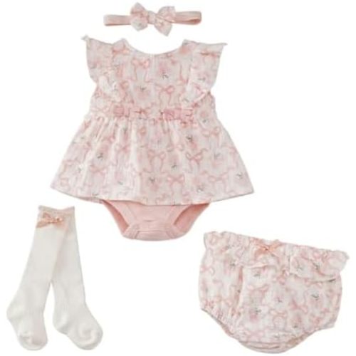 Baby Girl Bodysuit Dress Baby Girl Summer Outfits Dress Romper Floral Bloomer Shorts Socks and Headband