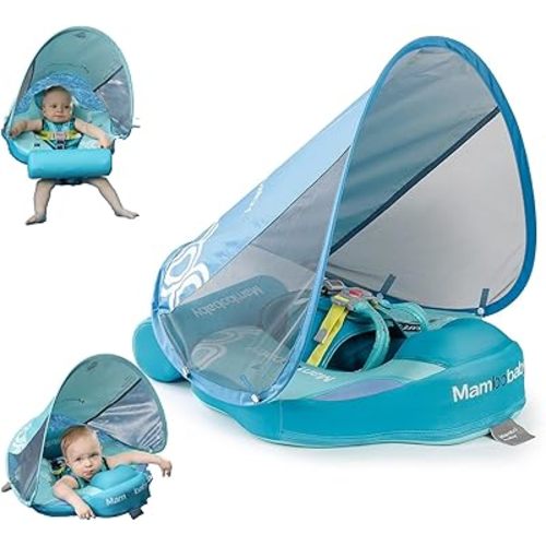 Mambobaby Float Baby Float with Canopy & Tail Non-Inflatable Infant Pool Floats Adjustable Safety Strap Toddler Swim Trainer (Green)