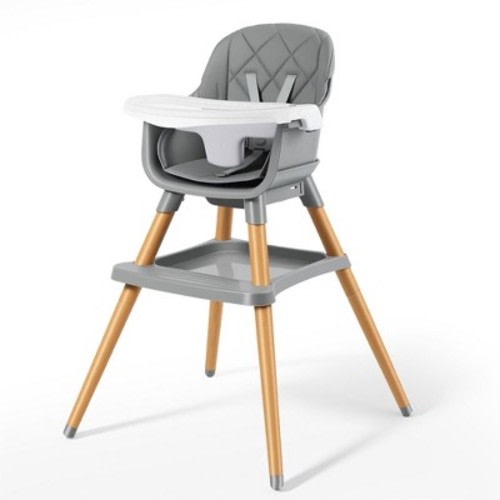 TODECARE High Chair, 7 in 1 Convertible Wooden Highchair for Babies & Toddlers with Adjustable Legs, Double Removable Tray, Safety Harness, Grey