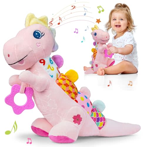 Baby Dino Plush Soft Stuffed Animal Toy for 0-3-6-12+ Months,Infant Musical Toy with Rattle,Squeaker,Sensory Crinkle,Teether & Textures,Tummy Time Toys Christmas Baby Gift for Newborn Girl(Pink)