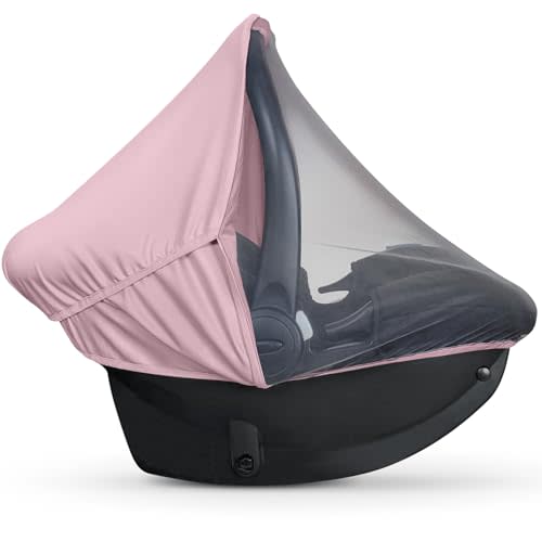 Summer Baby Car Seat Cover | 2-in-1 Breathable Carseat Sun Shade & Mosquito Net | UV Protection Lightweight Canopy Covers for Infant Girls | Bug Net Mesh for Spring & Summer Warm Weather (Pink)