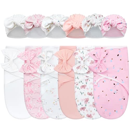Ramede 6 Pack Swaddle Blanket with Hats for Baby Girl Boy 100% Cotton Swaddles 0-3 Months, Adjustable Breathable Skin Friendly Receiving Blanket Wrap, Essential for Newborns(Rosette,Pink)