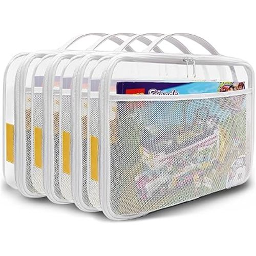 holay 4 Packs PVC Zippered Blocks Set, Toy, Clay, Board game Storage Organizer Case (Name Tag, Manual Pocket) (White, Large)