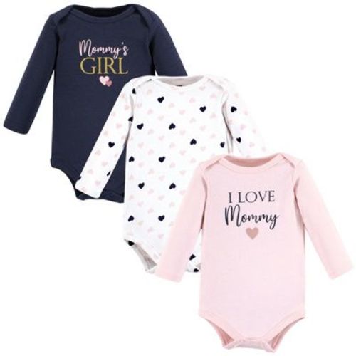 Hudson Baby Infant Girl Cotton Long-Sleeve Bodysuits, Girl Mommy Pink Navy 3-Pack, 6-9 Months