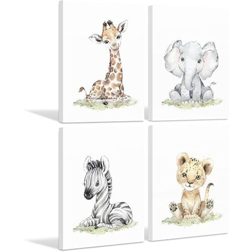Safari Nursery Wall Art Decor Baby Animal Canvas Wall Art Woodland Nursery Wall Decor Kids Jungle Animal Pictures Safari Giraffe Elephant Tiger Prints for Room Bedroom 12x16x4 Inch Ready to Hang