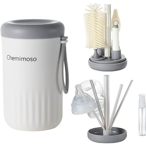 Travel Silicone Baby Bottle Cleaner Brush Set, Foldable Baby Bottle Drying Rack, Essential Cleaning Set for Outdoor Travel, Grey and White