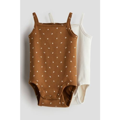 2-pack Ribbed Cotton Bodysuits, Brown/floral