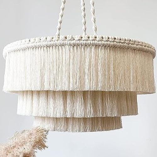 Bohemia Tassel Pendant Light, Fringe Chandelier Ceiling Light Handmade,Boho Light Fixture Cotton Fringes Ceiling Light 16 Inches Wide Colour Creamy White …