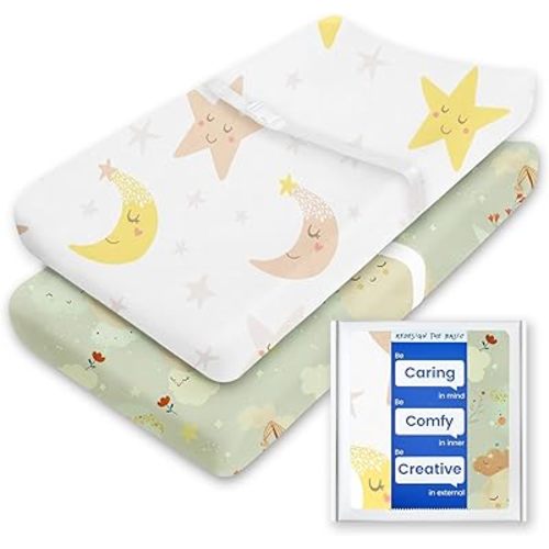 Extra Stretchy Changing Pad Cover, TotBasic Ultra Soft Premium Jersey Knit Changing Pad Sheets, Unisex for Boys Girls, Fits All Standard Changing Tables/Dresser Tops - 2 Pack (Planet & Moon)