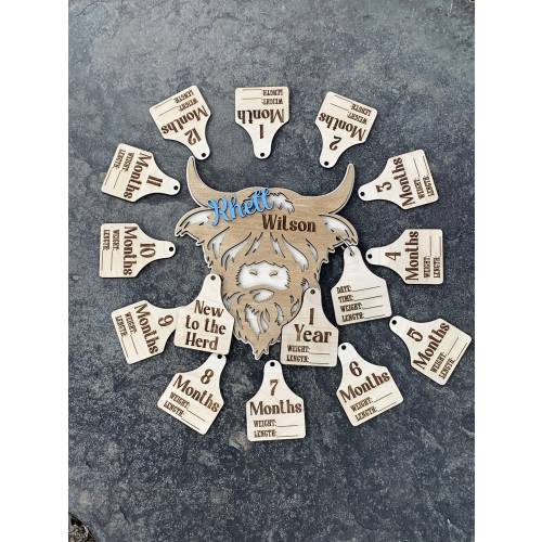 Highland Cow Milestone Markers - Baby Photo Prop - Hospital Announcement - Birth Stat Ear Tag - Western Theme Nursery - Highland Cow Nursery