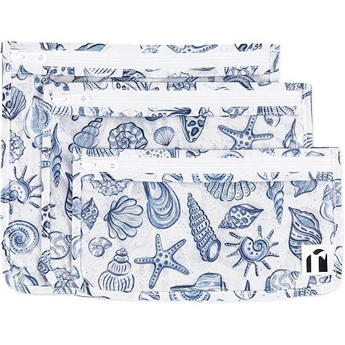 Roamio Travel Bag, Toiletry, TSA Approved Pouch, Zip Quart Size Airline Compliant, Clear-Sided, Baby, Diaper Bag Organization, Makeup, Accessories, Carry On Packing, Set of 3 Sizes, Blue Shells