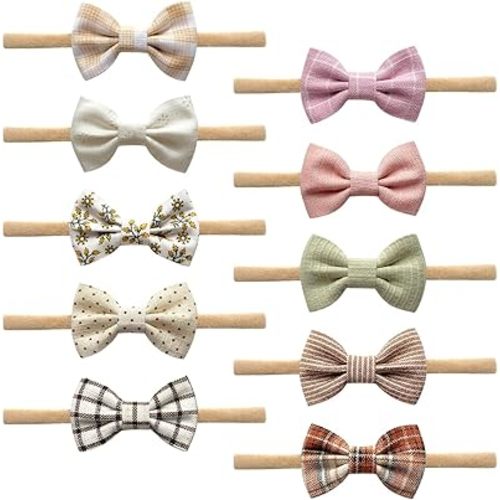 Cherssy Baby Girl Mini Bow Headbands, 10pcs Soft Nylon Hairbands and Small Hair Bows for Newborns, Infants, Toddlers