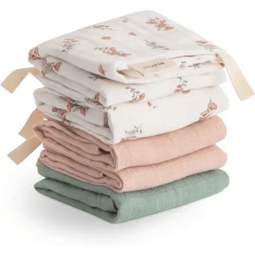 mushie Muslin Organic Cotton Washcloths 5-Pack (Pink Flowers Combo) | Soft Wipes for Baby Cleanups and Bathing