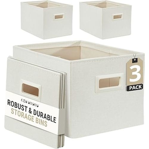 DECOMOMO Storage Bins for Shelves Robust Fabric Closet Bins for Shelves Toy Storage Clothes Books (Pack of 3 – Beige)