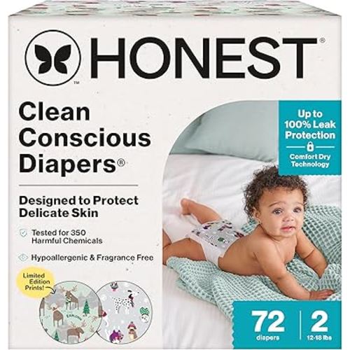 The Honest Company Clean Conscious Diapers for Delicate Skin | Up to 100% Leakproof | Hypoallergenic, Fragrance Free | Winter '25 Limited Edition Prints | Club Box, Size 2 (12-18 lbs), 72 Count