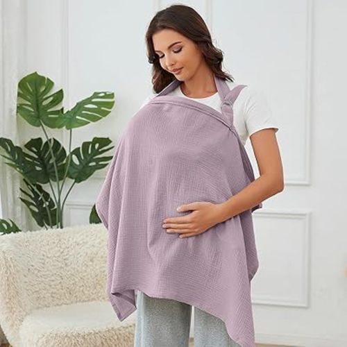 Nursing Cover for Baby Breastfeeding with Rigid Hoop, Breathable Soft 100% Muslin Cotton, Baby Breast Feeding & Pumping Apron (Light Purple)