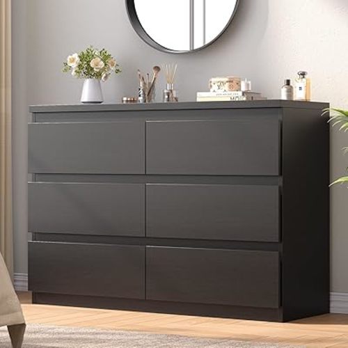 Jocoevol Black 6 Drawer Dresser for Bedroom, 15.3" D x 47.2" W x 32.3" H in Simply Modern Chest of Drawers, Wood Storage Double Dresser with Deep Drawers for Living Room, Hallway Entryway, Black