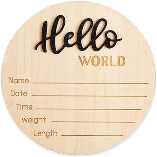 5.9 Inch Wooden Baby Announcement Sign, Newborn Welcome Sign Hello World Baby Sign Birth Announcement Round Name Plaques for Nursery Decorations Photo Props Black