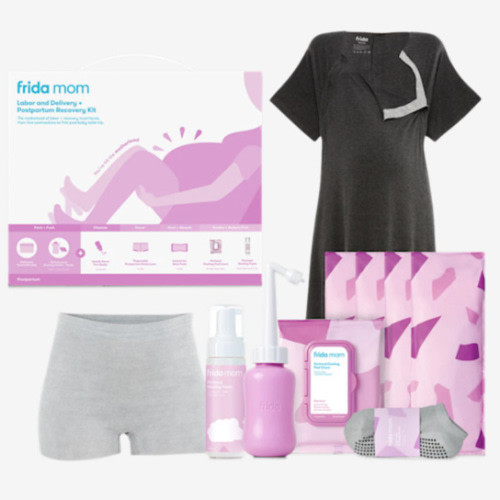 Frida Mom 15pc Labor & Postpartum Kit Gift Set for Baby Showers & Mom to Be, Includes Peri Bottle, Nursing Gown, Disposable Underwear, Ice Maxi Pads, Pad Liners, Perineal Foam, Socks & Toiletry Bag